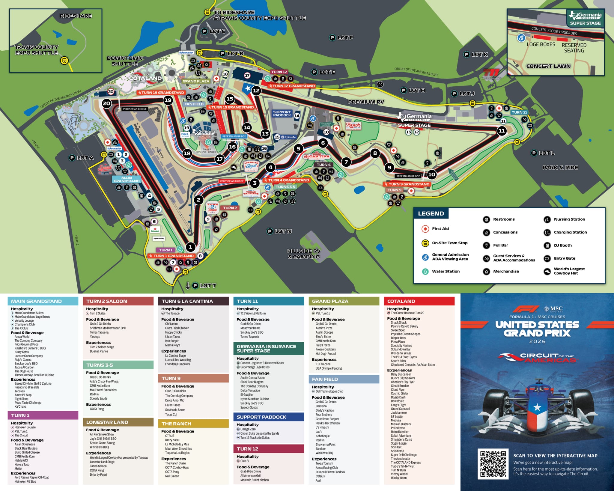 COTA's official 2026 United States Grand Prix fan guide map, showing grandstands, general admission areas, gates, tram stops, water stations, first aid, restrooms and food areas